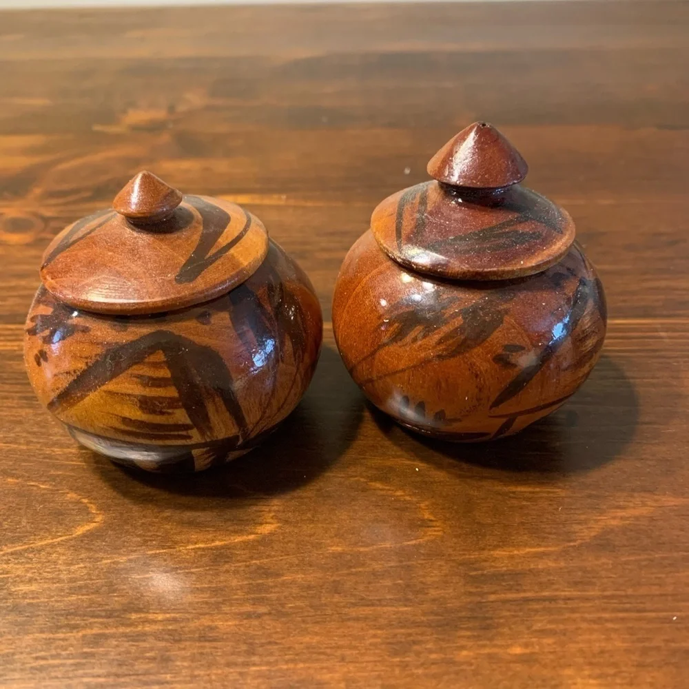 (2) Decorative Hand Carved Turned Wood Bowls with Finial Knob Lids from Haiti
